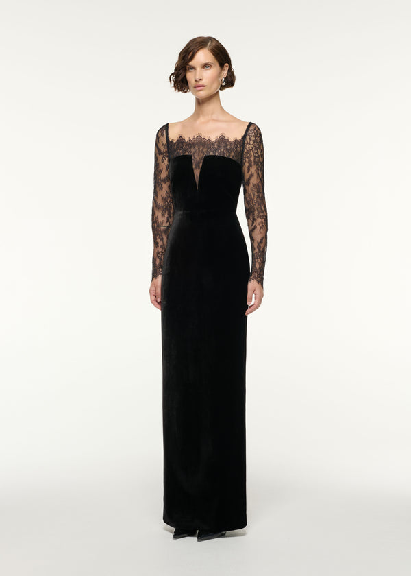 Roland Mouret Scalloped Lace And Velvet Gown Black
