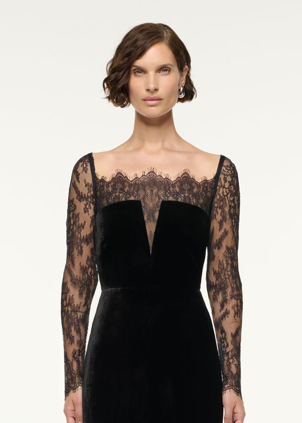 Roland Mouret Scalloped Lace And Velvet Gown Black