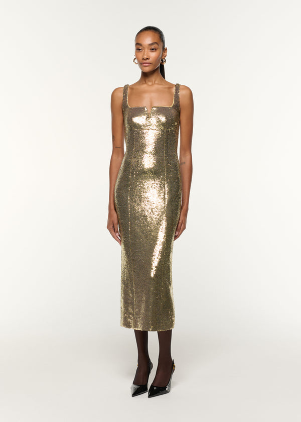 Roland Mouret Square Neckline Sequin Dress Gold