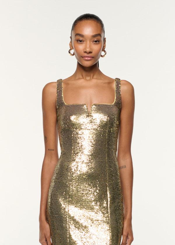 Roland Mouret Square Neckline Sequin Dress Gold