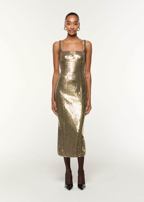 roland mouret Square Neckline Sequin Dress Gold