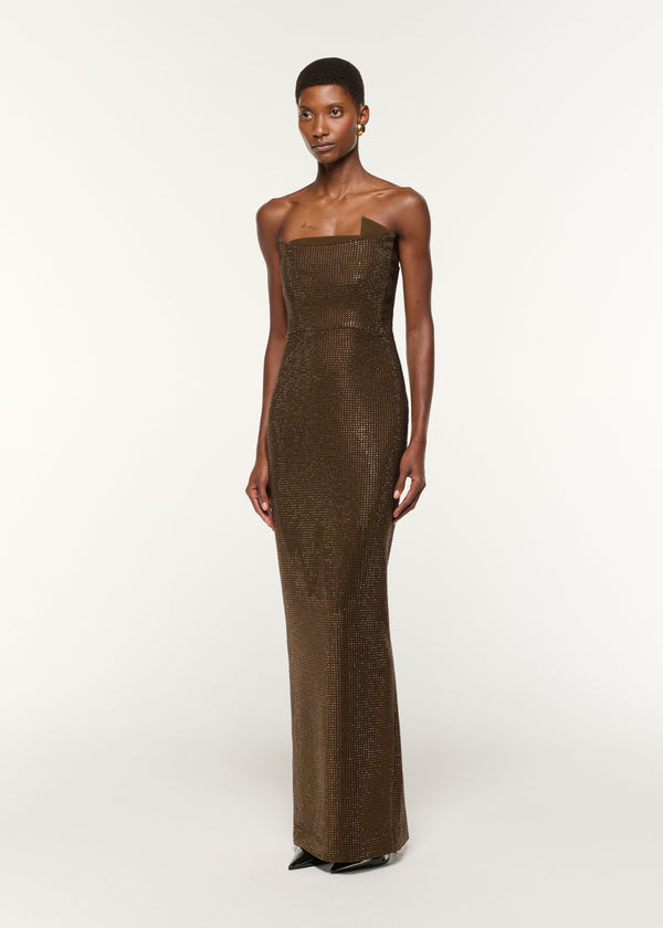 Roland Mouret Strapless Diamante Gown Khaki