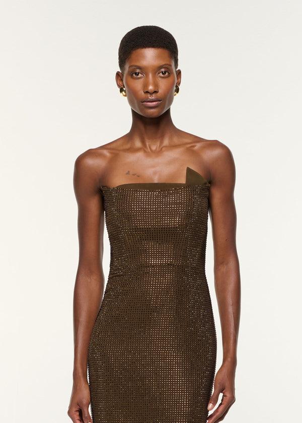 Roland Mouret Strapless Diamante Gown Khaki