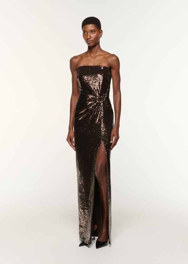 Roland Mouret Strapless Sequin Buckle Gown Bronze