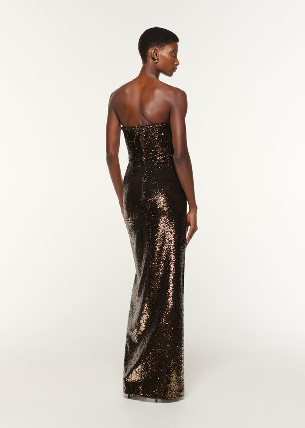 Roland Mouret Strapless Sequin Buckle Gown Bronze