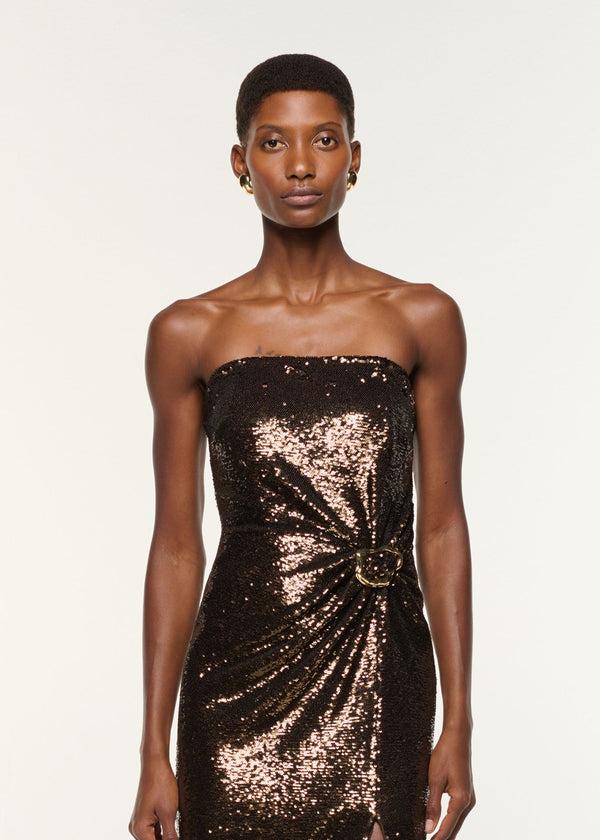 Roland Mouret Strapless Sequin Buckle Gown Bronze