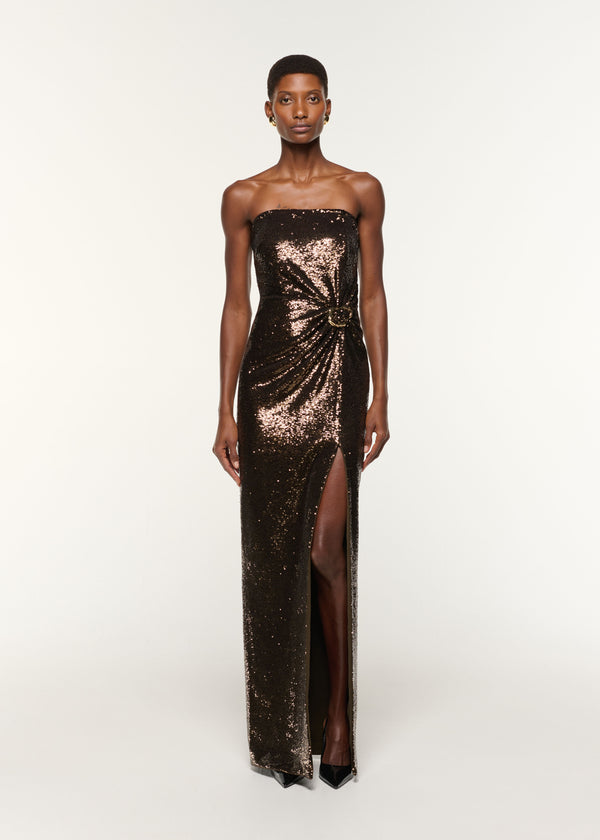 roland mouret Strapless Sequin Buckle Gown Bronze