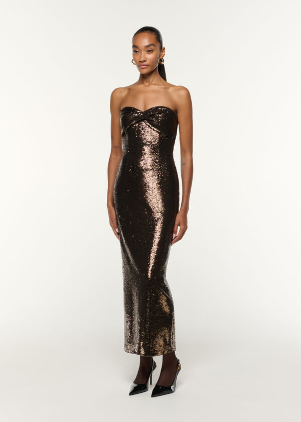 Roland Mouret Twist Drape Sequin Dress Bronze
