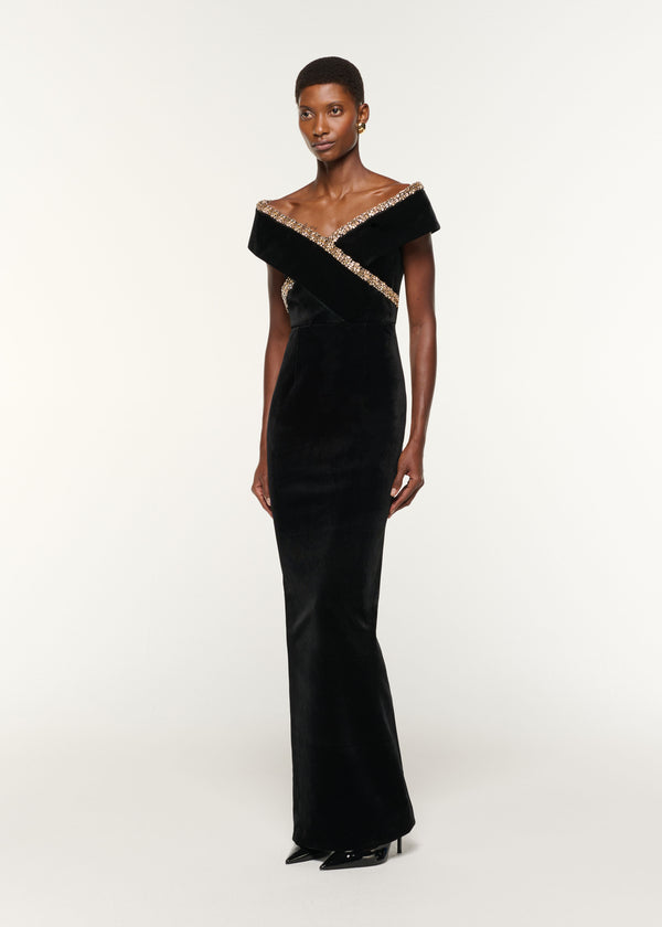 Roland Mouret Velvet Diamante Crossover Gown Black