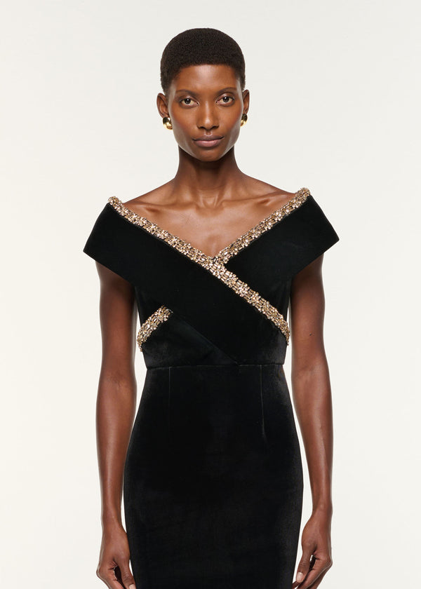 Roland Mouret Velvet Diamante Crossover Gown Black