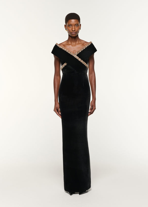 roland mouret Velvet Diamante Crossover Gown Black