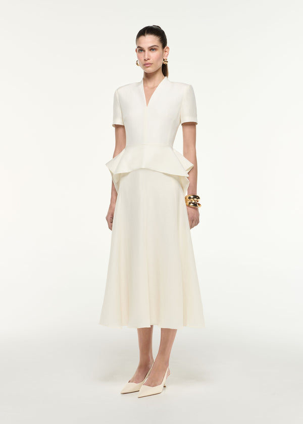 Roland Mouret Silk Jacquard Peplum Midi Dress Cream