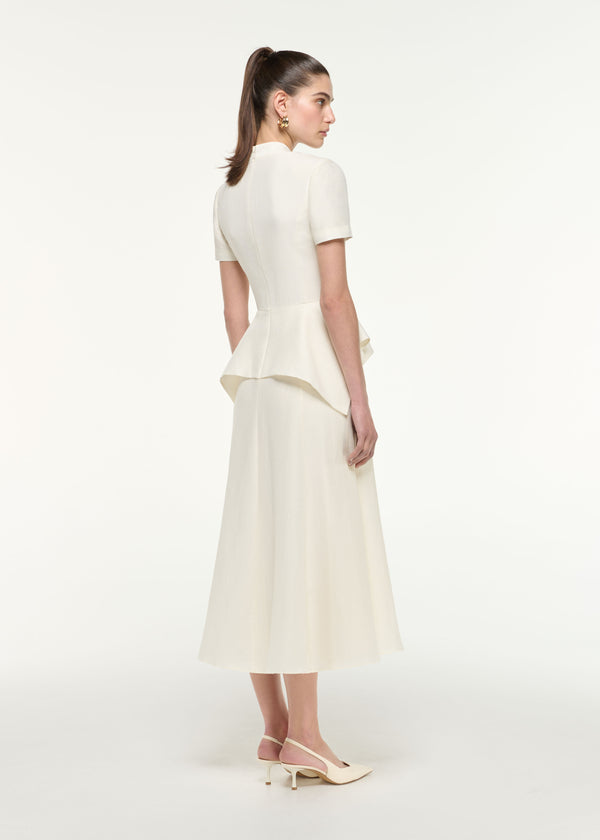 Roland Mouret Silk Jacquard Peplum Midi Dress Cream