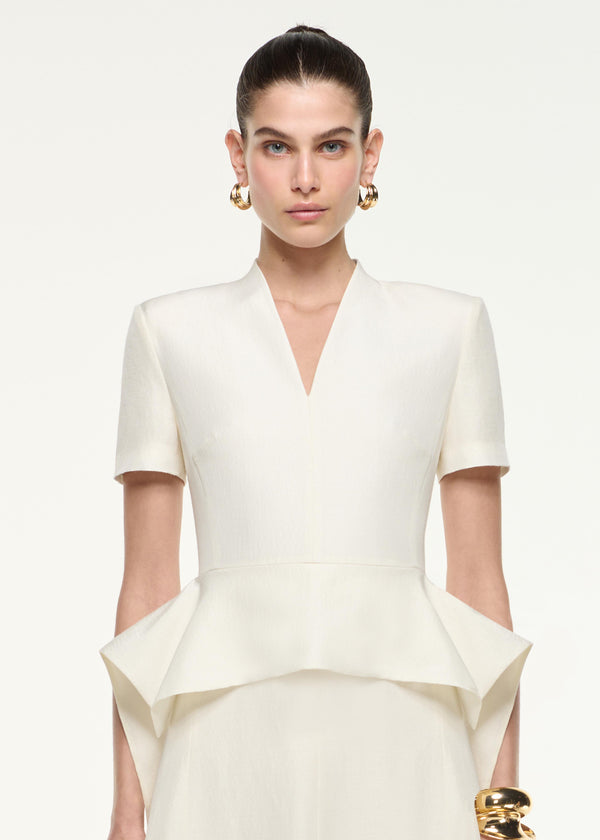 Roland Mouret Silk Jacquard Peplum Midi Dress Cream