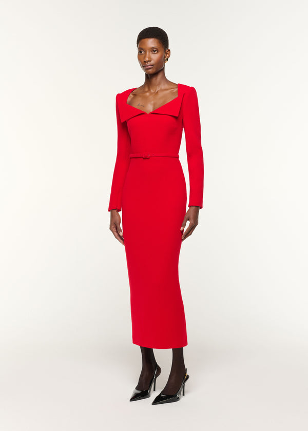 Roland Mouret Square Neck Collar Fold Wool Crepe Dress Red