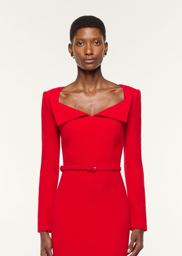 Roland Mouret Square Neck Collar Fold Wool Crepe Dress Red
