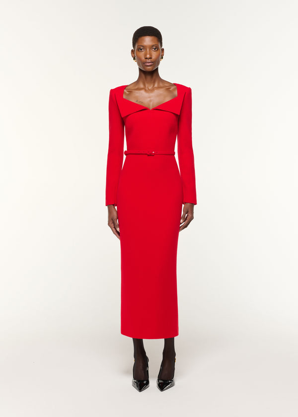 roland mouret Square Neck Collar Fold Wool Crepe Dress Red