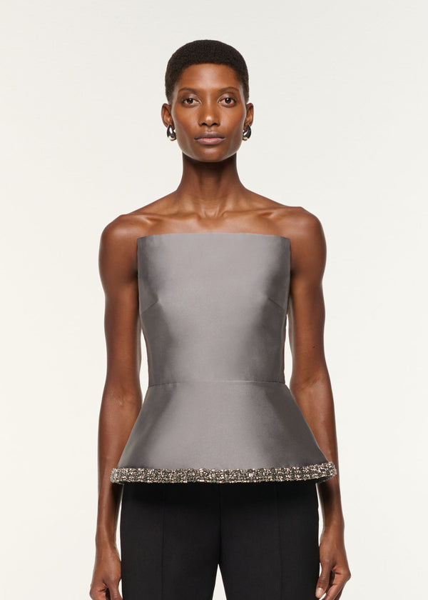 Roland Mouret Square Neck With Crystal Trim Peplum Taffeta Top Grey