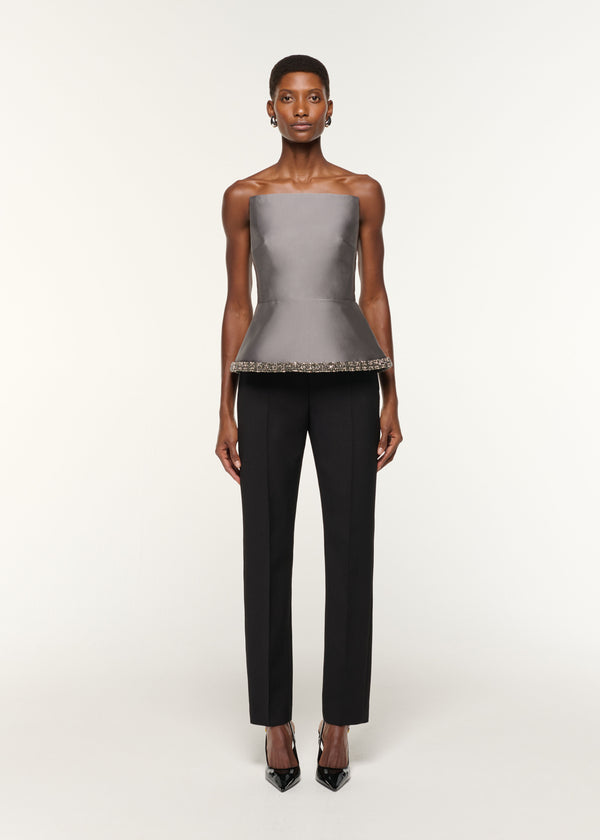 roland mouret Square Neck With Crystal Trim Peplum Taffeta Top Grey