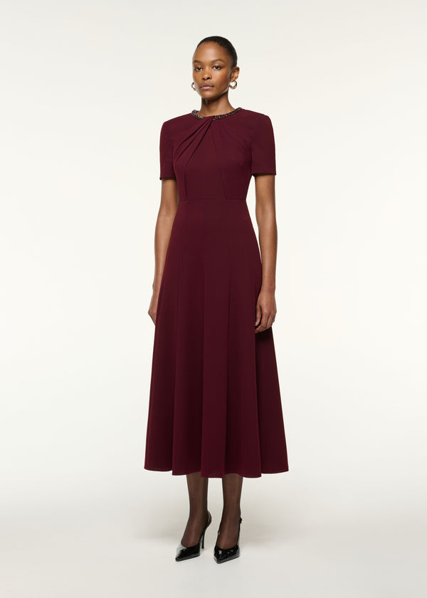 Roland Mouret Twisted Drape Crystal Trim Neckline Dress Mulberry