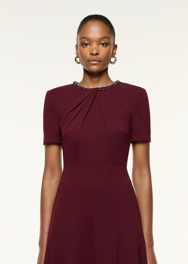 Roland Mouret Twisted Drape Crystal Trim Neckline Dress Mulberry