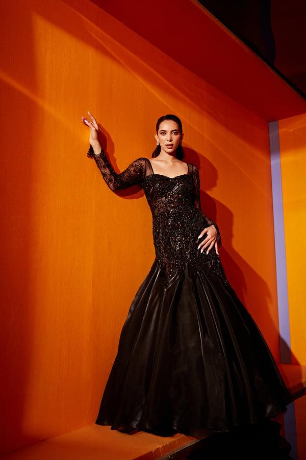 Roqa AKOYA Black Organza Fitted Gown With A Flared Bottom