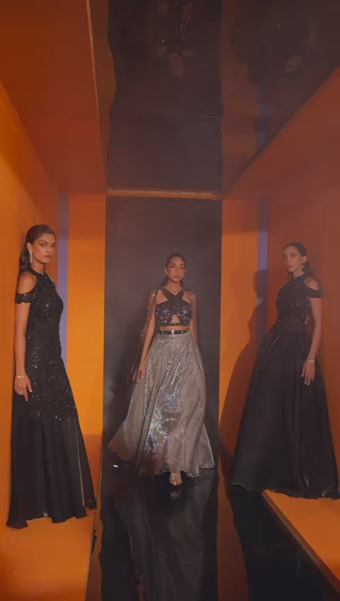 Roqa ALAYA Black Straight Shirt And Dupatta Paired With Organza Sharara