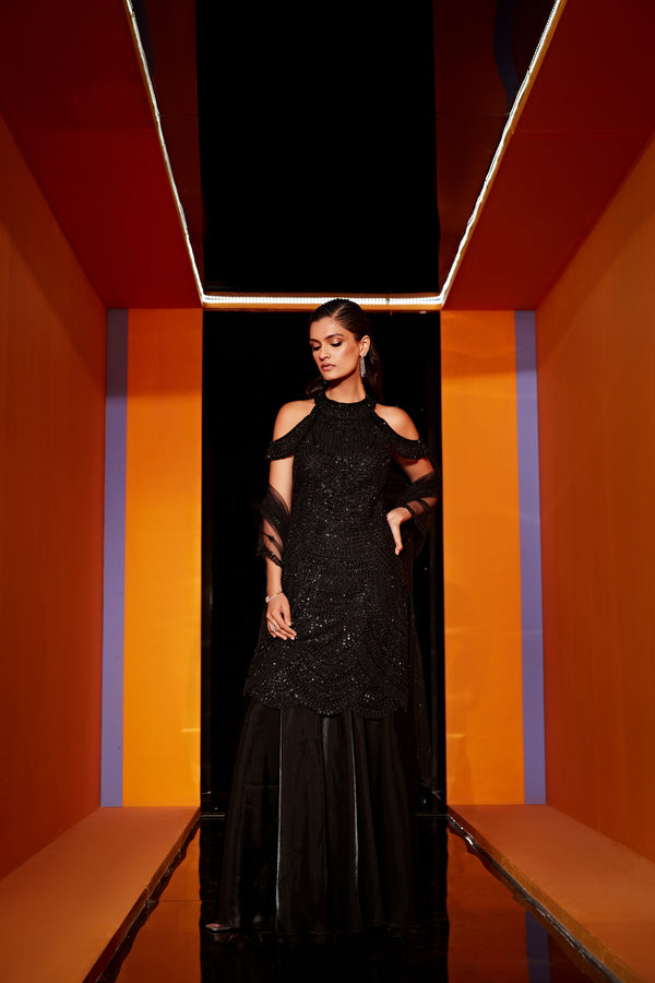 roqa ALAYA Black straight shirt and dupatta paired with organza sharara