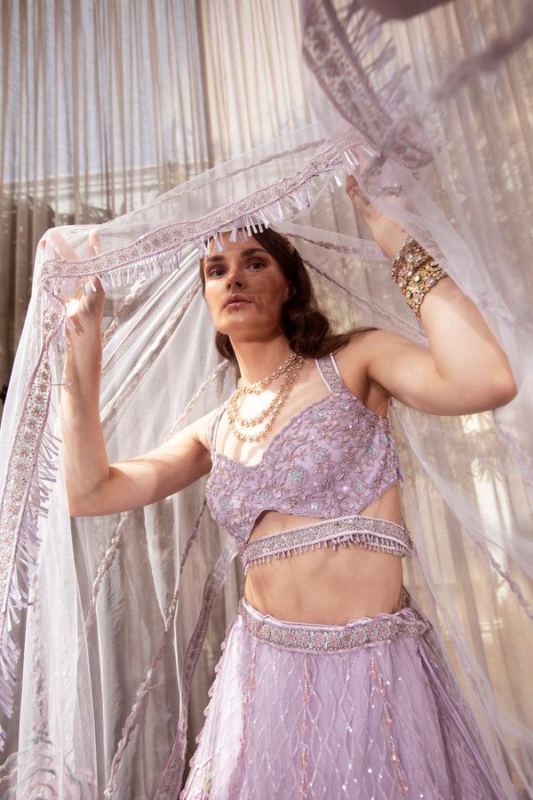 Roqa ARIA Lilac Lehenga With Applique Patchwork And Abstract Embroidery