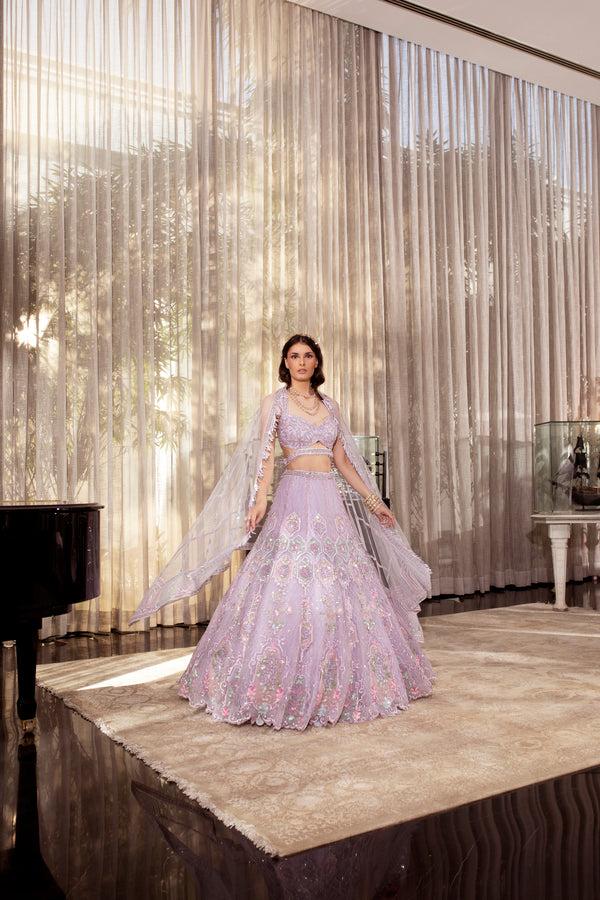 roqa ARIA Lilac lehenga with applique patchwork and abstract embroidery