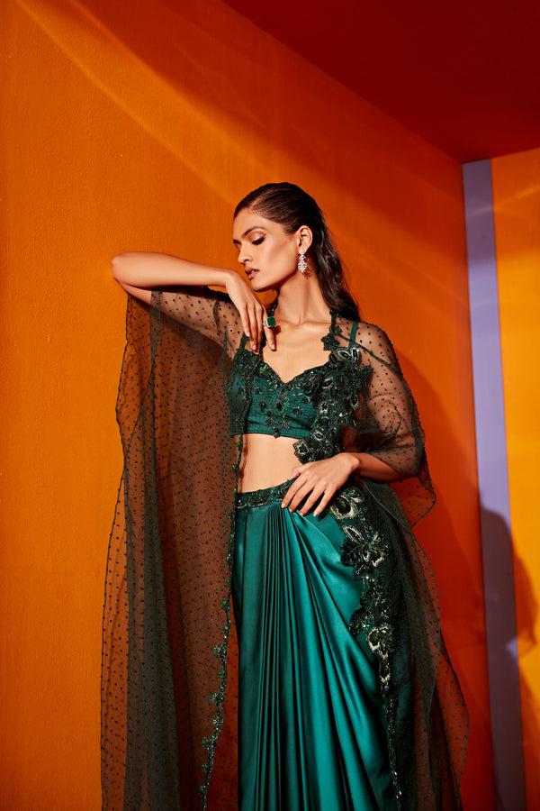Roqa AROKA Green Organza Cape Paired With Dhoti And Blouse