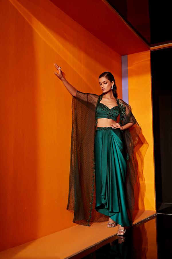 roqa AROKA Green Organza cape paired with dhoti and blouse