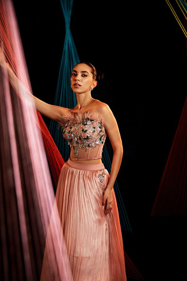 Roqa BLUSH Corset Blouse With Crushed Organza Lehenga