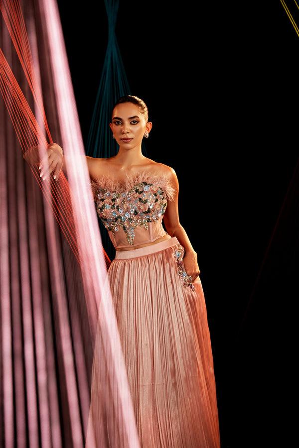 Roqa BLUSH Corset Blouse With Crushed Organza Lehenga