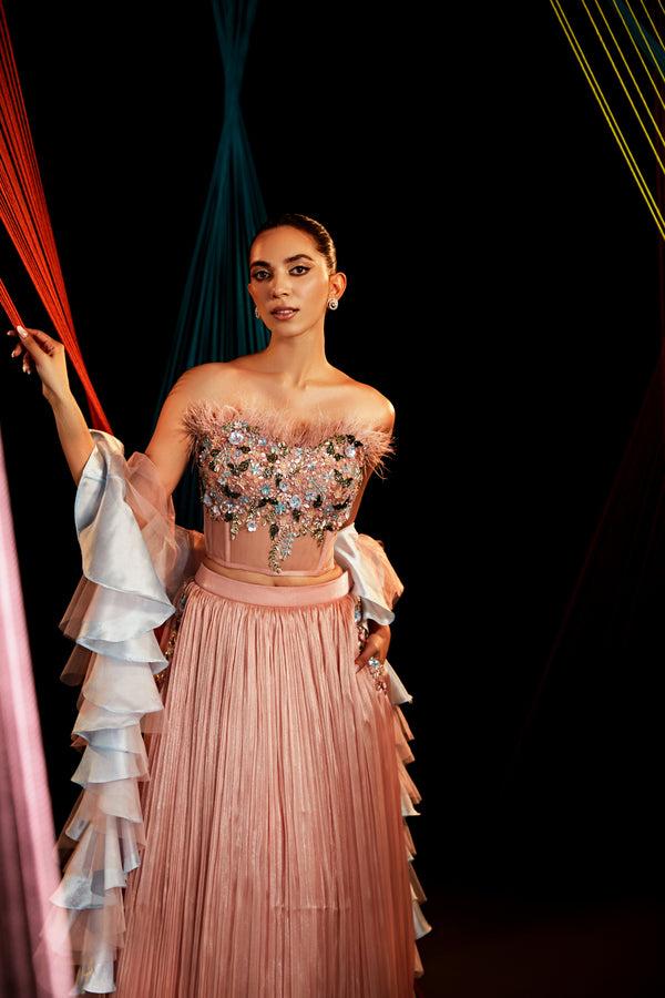 Roqa BLUSH Corset Blouse With Crushed Organza Lehenga