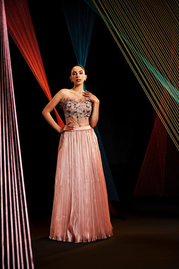 roqa BLUSH Corset blouse with crushed organza lehenga