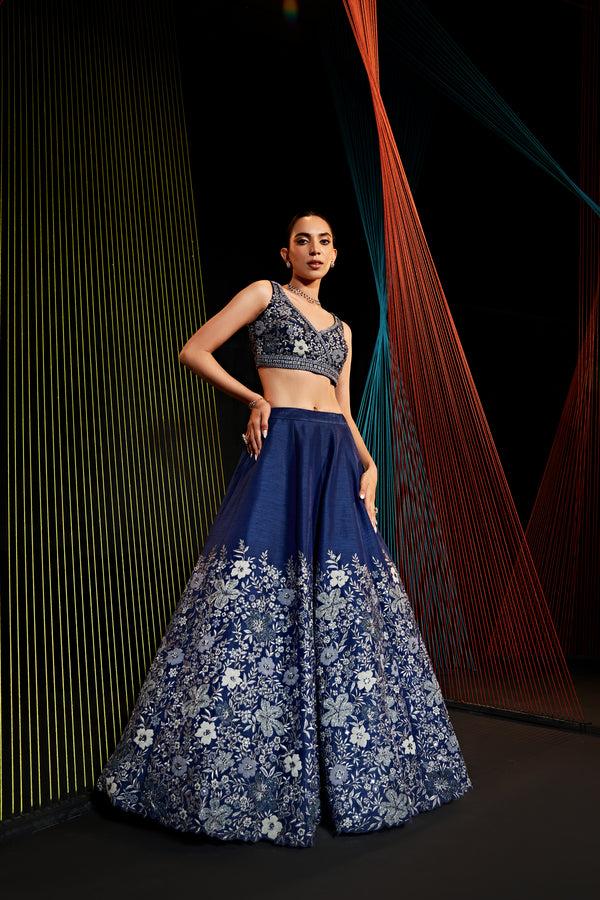Roqa CAMILLA Navy Blue Silk Lehenga With Grey Floral Embroidery