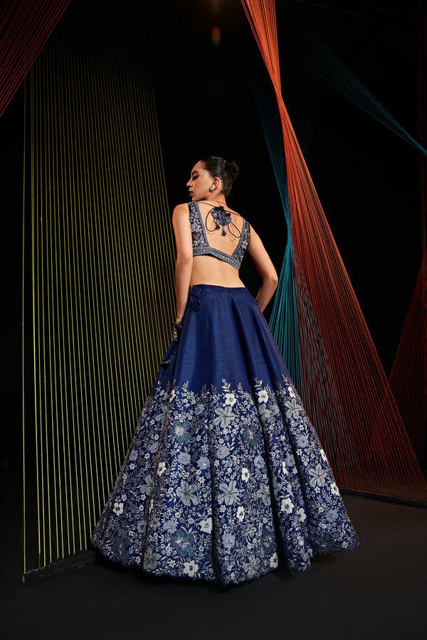 Roqa CAMILLA Navy Blue Silk Lehenga With Grey Floral Embroidery