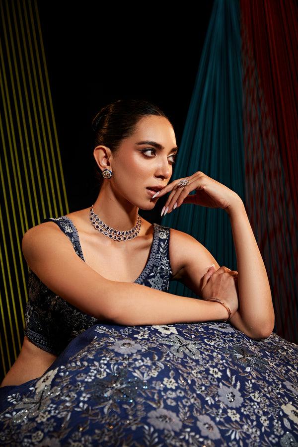 Roqa CAMILLA Navy Blue Silk Lehenga With Grey Floral Embroidery