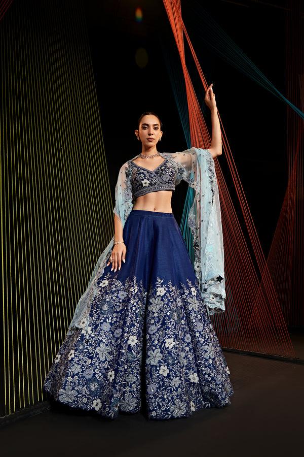 roqa CAMILLA Navy blue silk lehenga with grey floral embroidery