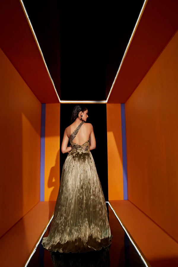 Roqa DIANA One Shoulder Straight Faling Gown In Antique Gold Color