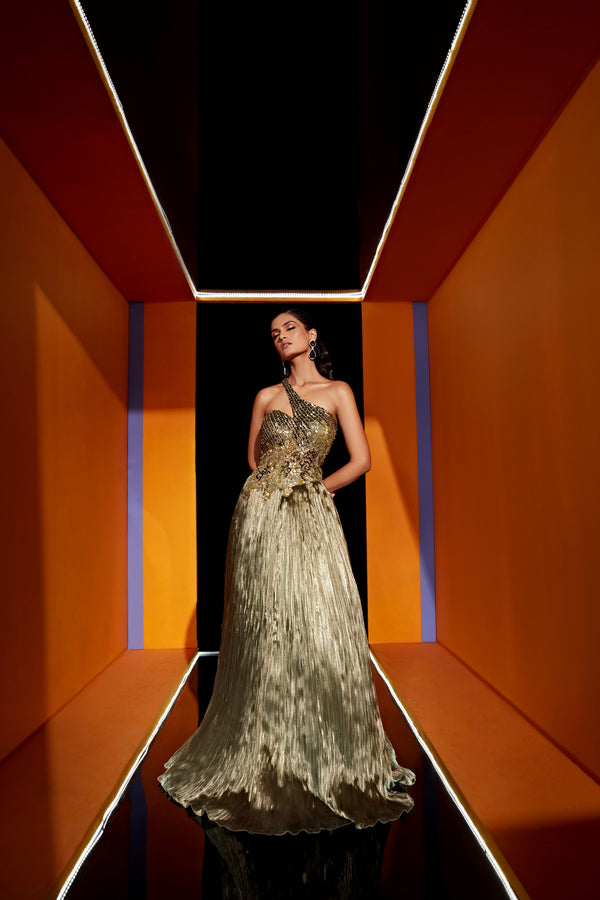 roqa DIANA One shoulder straight faling gown in antique gold color