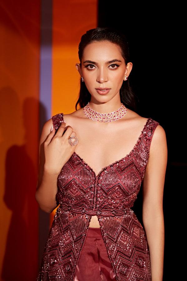 Roqa ELLA Rustic Maroon Sharara Set With Choker Dupatta