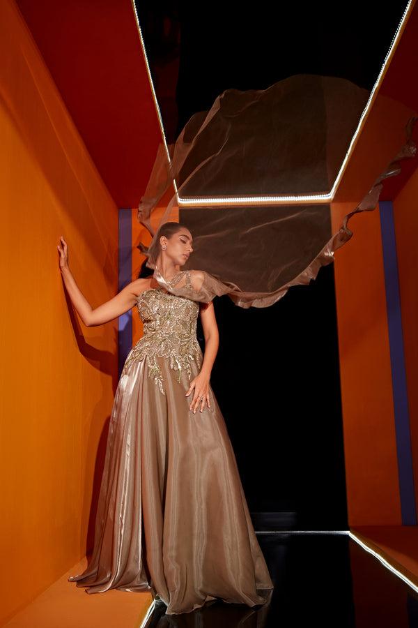 Roqa PARIS One Shoulder Gown In Dusty Grey With A Ruffled Drape