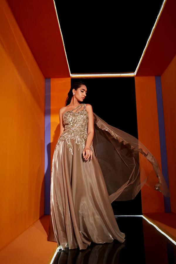 Roqa PARIS One Shoulder Gown In Dusty Grey With A Ruffled Drape