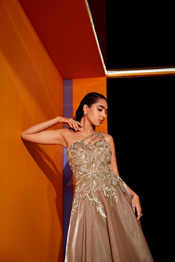 Roqa PARIS One Shoulder Gown In Dusty Grey With A Ruffled Drape