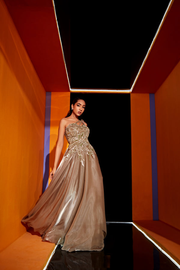 roqa PARIS One shoulder gown in dusty grey with a ruffled drape