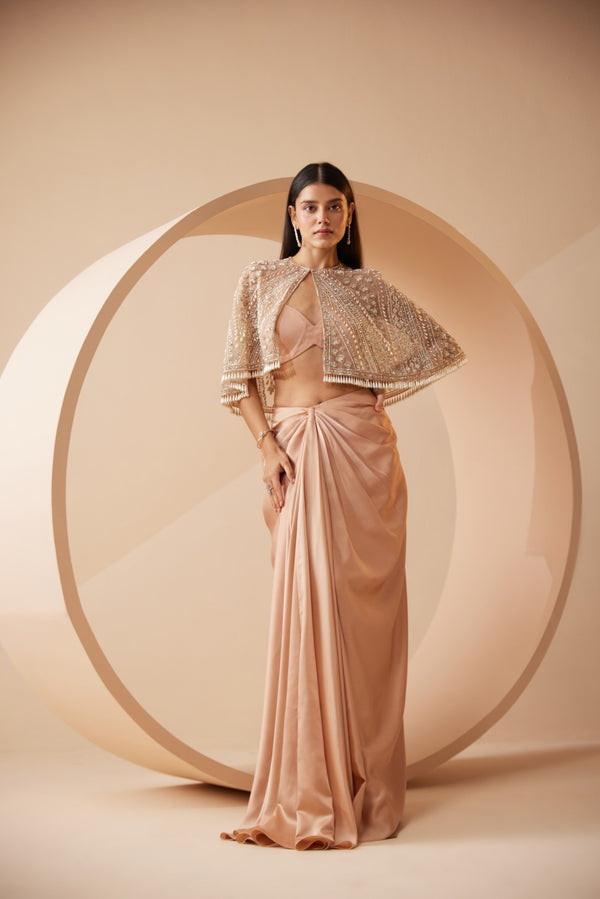 roqa Claudia Claudia Peach Drape Skirt Set