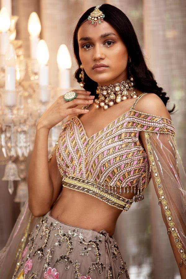 Roqa ESME Grey X Gold Lehenga With 3D Patchwork
