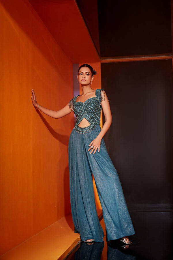 Roqa FAYE Pleated Jumpsuit In Teal Blue